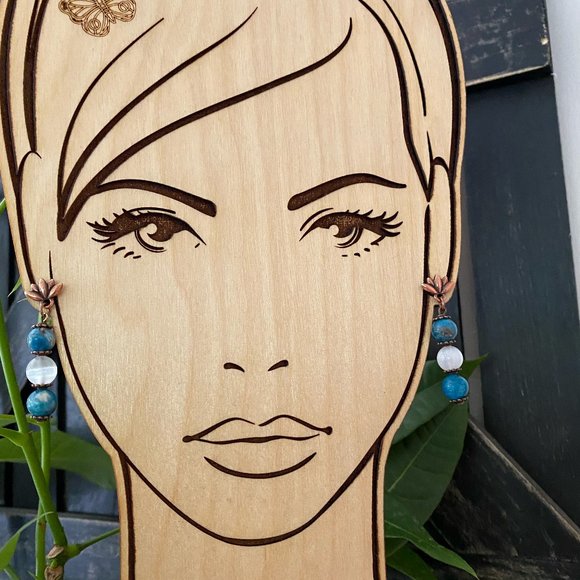 Blue Apatite Selenite Antique Copper Lotus Flower Earrings - Picture 3 of 5